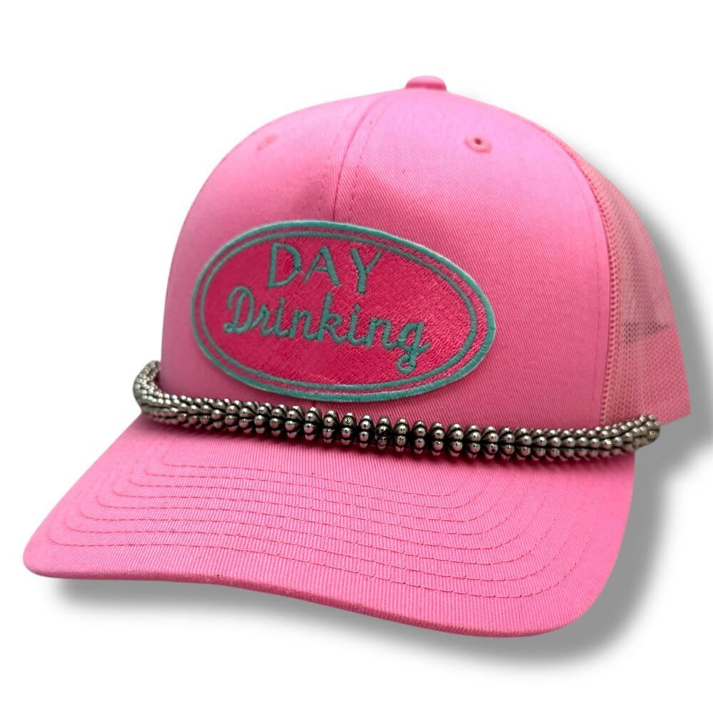 Day Drinking Trucker Hat Pink Teal Cactus Blossom Beads Adjustable